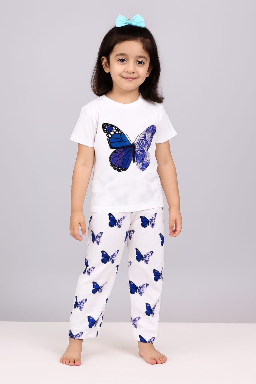 White & Royal Blue Butterfly T-Shirt & All-Over Printed Pants 2-Piece Set