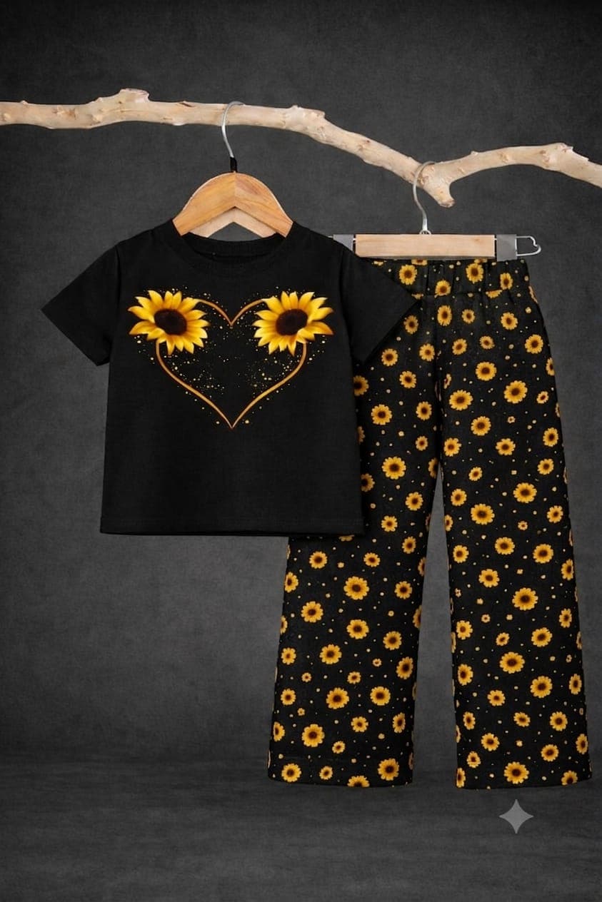 Black Sunflower Heart T-Shirt & Floral Printed Pants 2-Piece Set