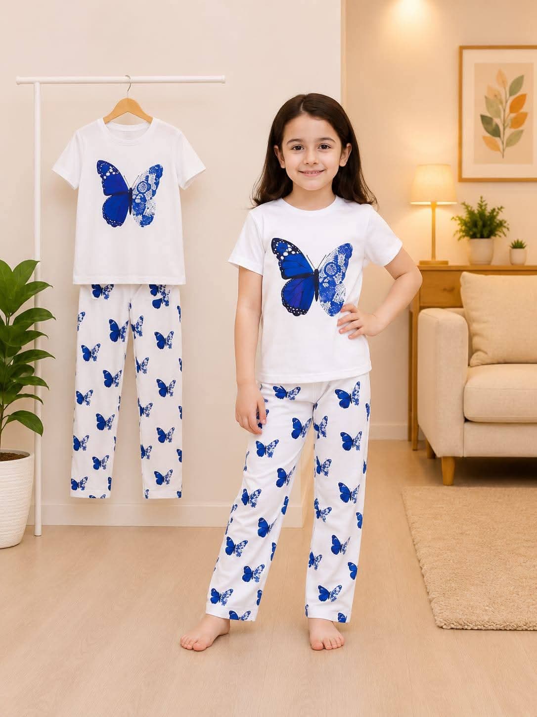 White & Royal Blue Butterfly T-Shirt & Printed Pants 2-Piece Set