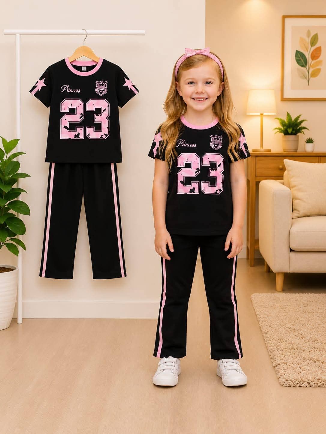 Black & Pink "Princess 23" Varsity T-Shirt & Side-Stripe Pants 2-Piece Set